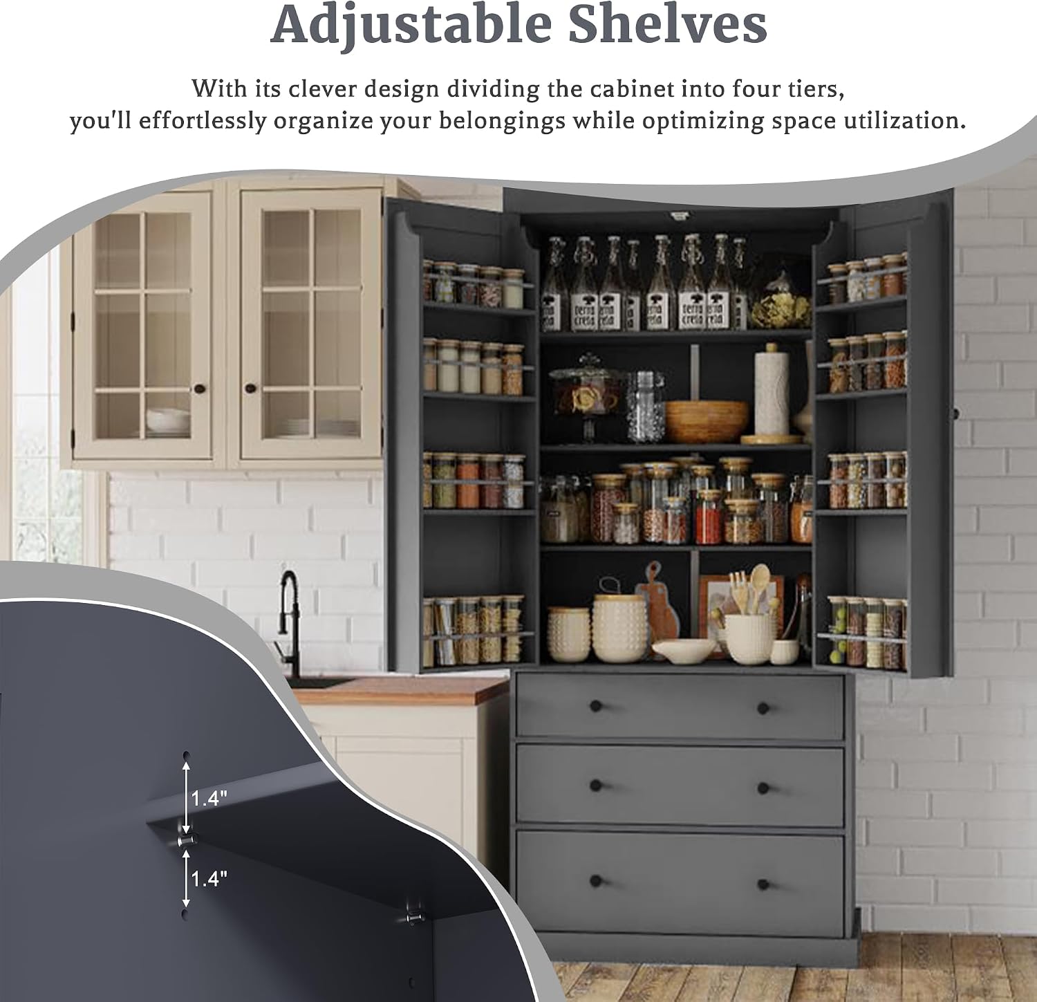 77inch Farmhouse Kitchen Pantry, Wood Storage Cabinet with 3 Adjustable Shelves, Freestanding Tall Cupboard Storage Cabinet with 8 Door Shelves and 3 Drawers for Kitchen, Dining Room (Gray-1)