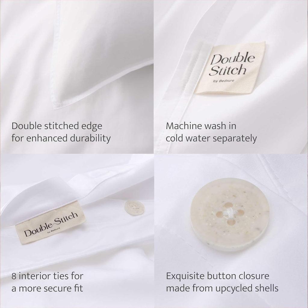 Double Stitch Cotton Tencel Duvet Cover - Queen Size Comforter Cover, Luxury & Soft Eucalyptus Lyocell Bedding Set for Hot Sleepers, Cooling & Breathable, Button Closure, Bright White, 90'x90'
