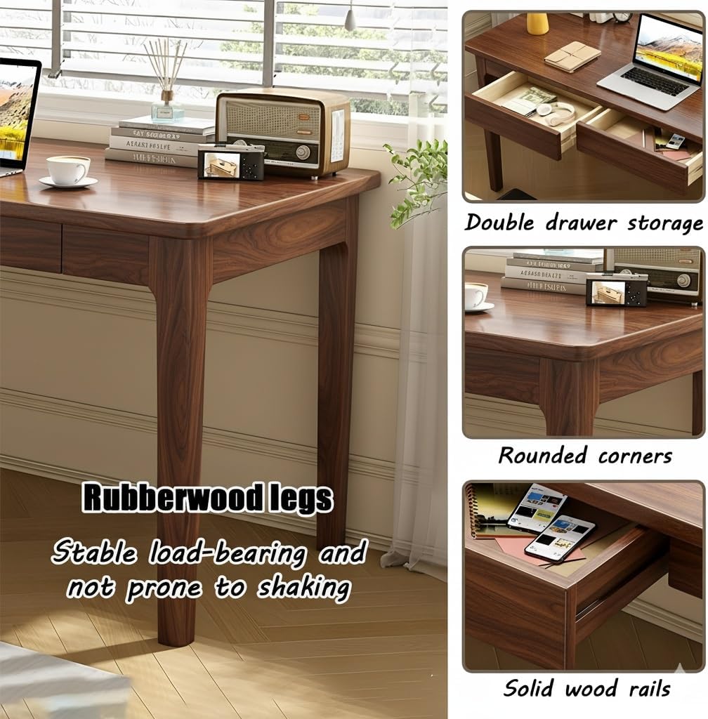 Mid Century Modern Desk with Drawers,31.5 inch Solid Wood Writing Desk for Home Office Bedroom,Small Computer Desk for Spaces Easy Assembly Walnut
