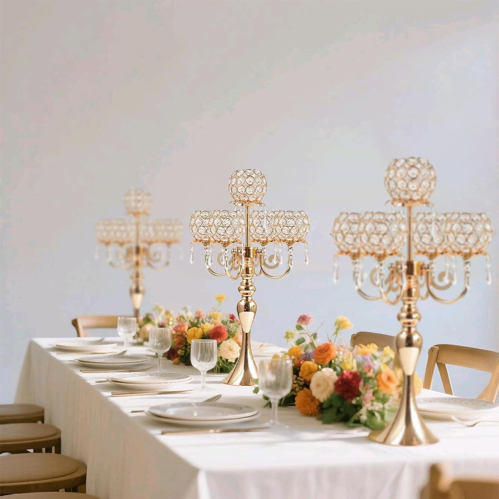 4Pcs 22 Inch Tall 5-Arm Gold Elegant Crystal Candelabra – Fancy Looking Candle Holder, Perfect for Your Table Centerpiece, Wedding & Christmas Dinner Party Events, Home Decor
