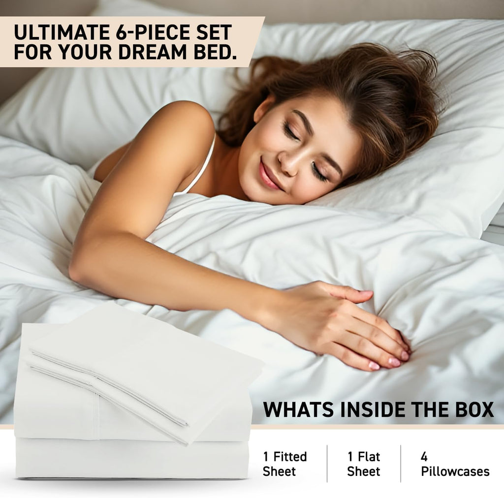 California King Sheet Sets - 100% Egyptian Cotton Sheets California King Size, 6 Pc, Cal King Sheet Set, Soft Sateen Weave, 16' Deep Pocket California King Sheet Set - White