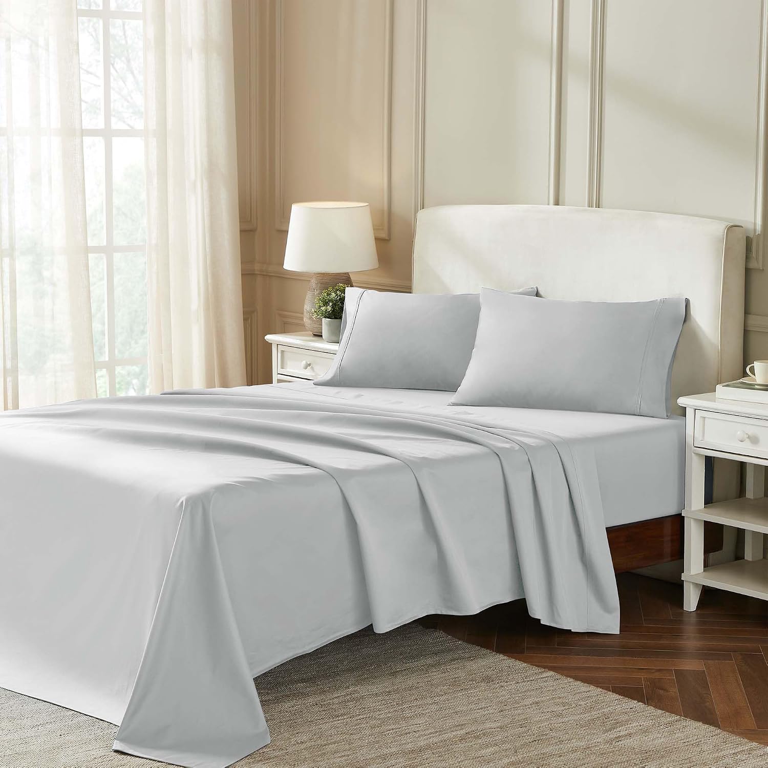 Superior Egyptian Cotton 850 Thread Count Bed Sheet Set, 1 Elastic Deep Pocket Fitted Sheet, 1 Flat Sheet, 2 Pillowcases, Daily Soft Sheets, Luxury, Plush, Hotel, Home Collection, King, Chrome
