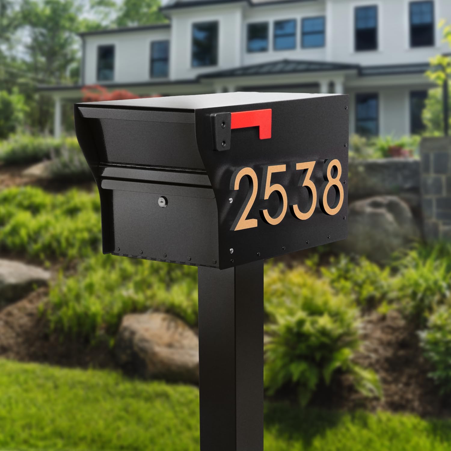 Whitehall MailVault Streetside Locking Mailbox with Post, Personalize with Modern Stand-Off Address Numbers Package – Steel, Secure Weather Resistant Modern Square Mailbox (Black/Gold)
