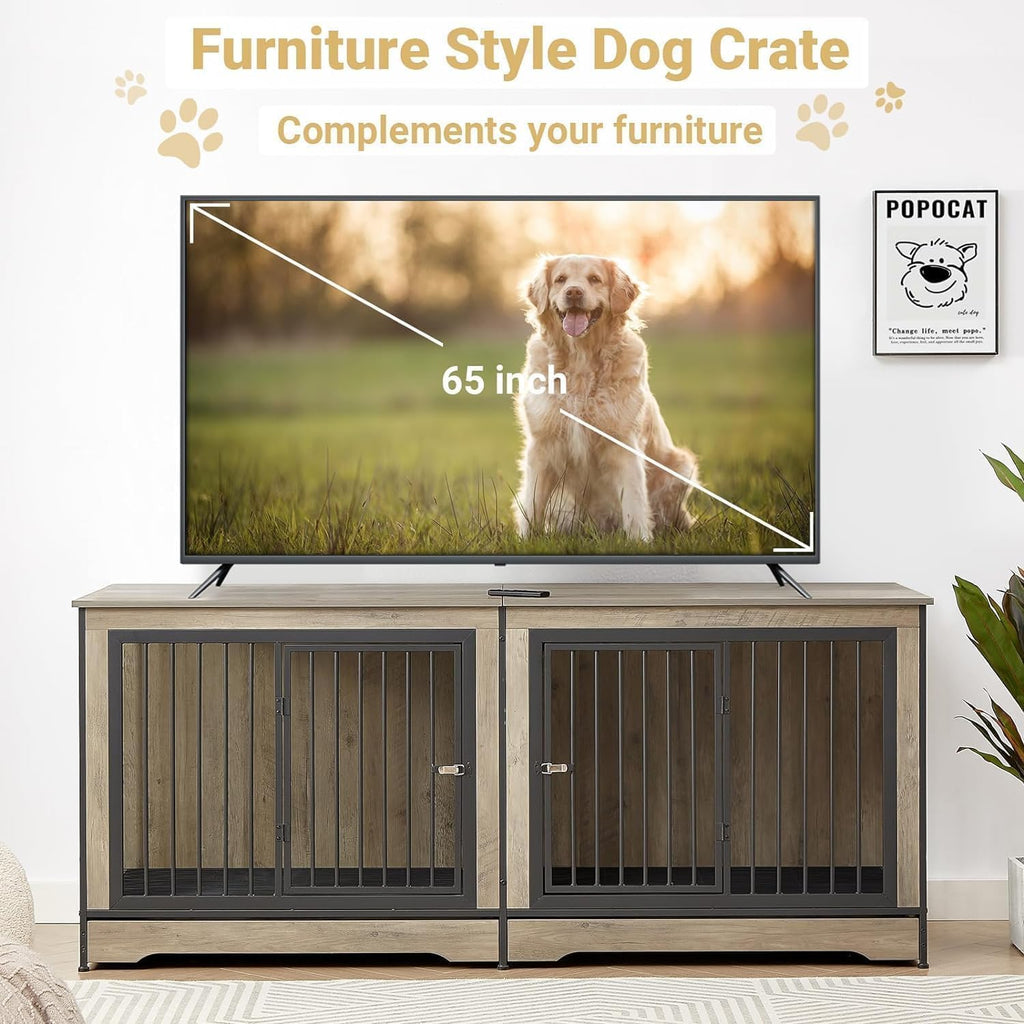 Rovibek 75' Double Dog Crate Furniture for 2 Large Dogs, Heavy Duty Furniture Style Dog Kennel End Table, Wood Crates for Dogs Kennel Indoor Double Door, Grey