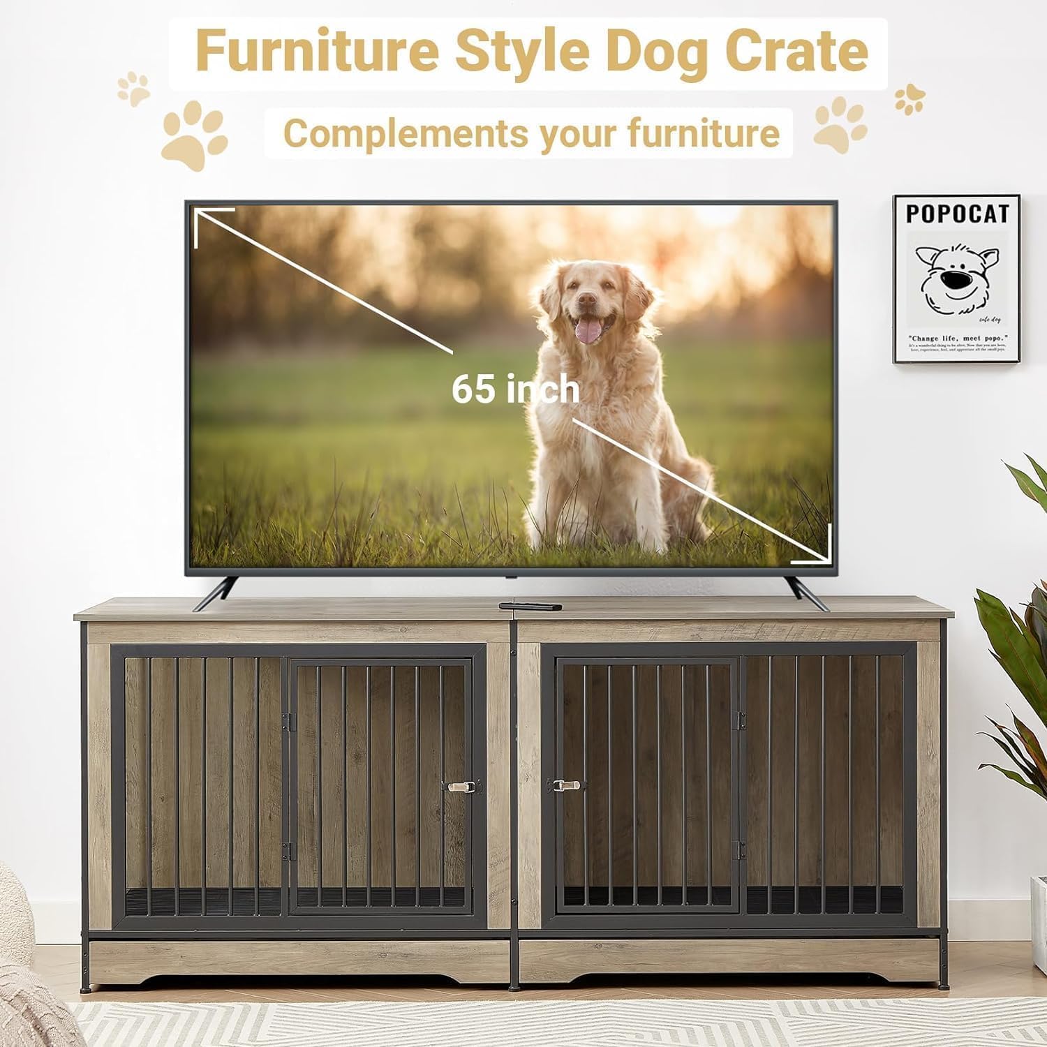 Rovibek 75' Double Dog Crate Furniture for 2 Large Dogs, Heavy Duty Furniture Style Dog Kennel End Table, Wood Crates for Dogs Kennel Indoor Double Door, Grey