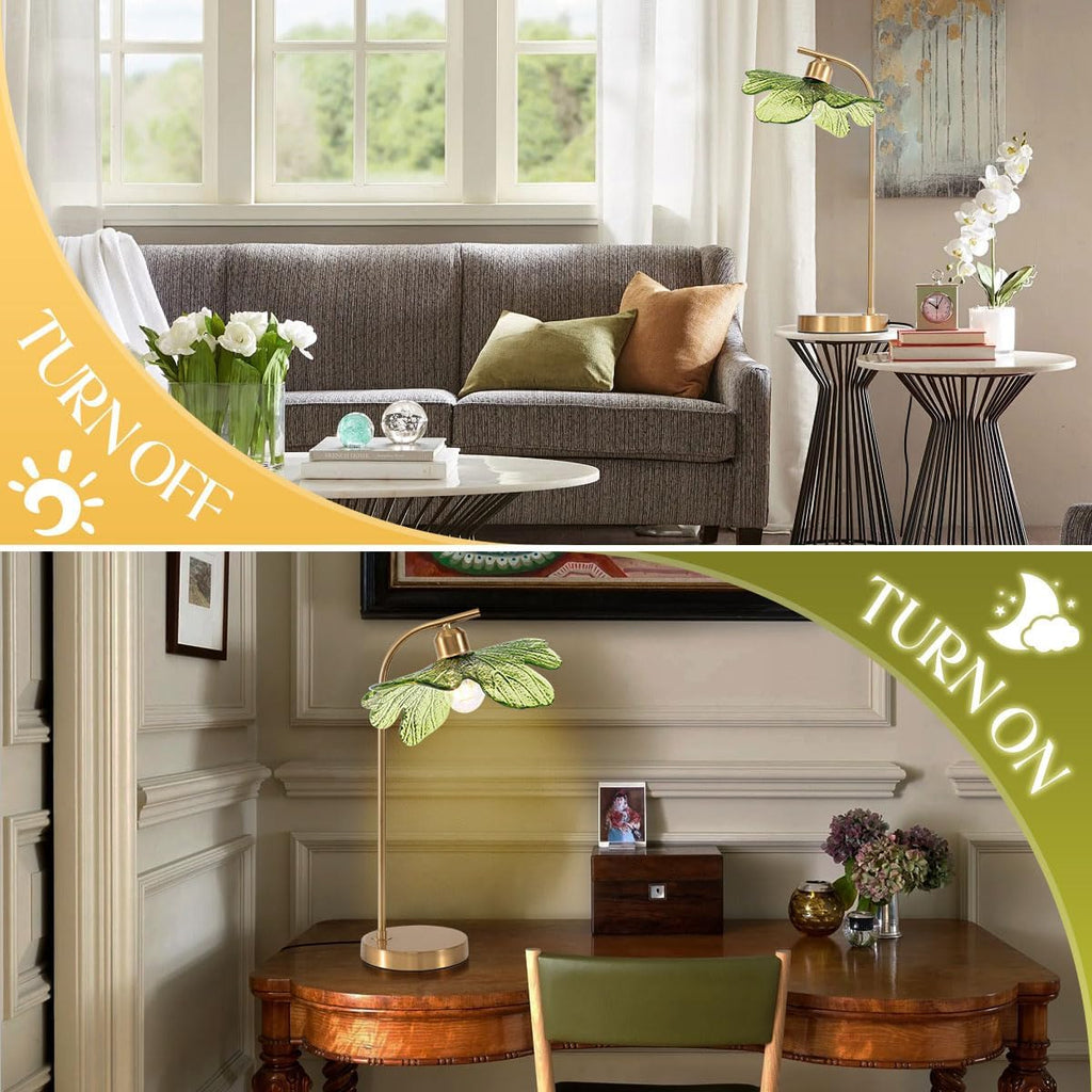 Mid Century Modern Table Lamps Set of 2, 18.9' Tall Gold Metal Base with Green Flower Glass Shade, Touch Control Nightstand Lamps for Bedroom Living Room Office