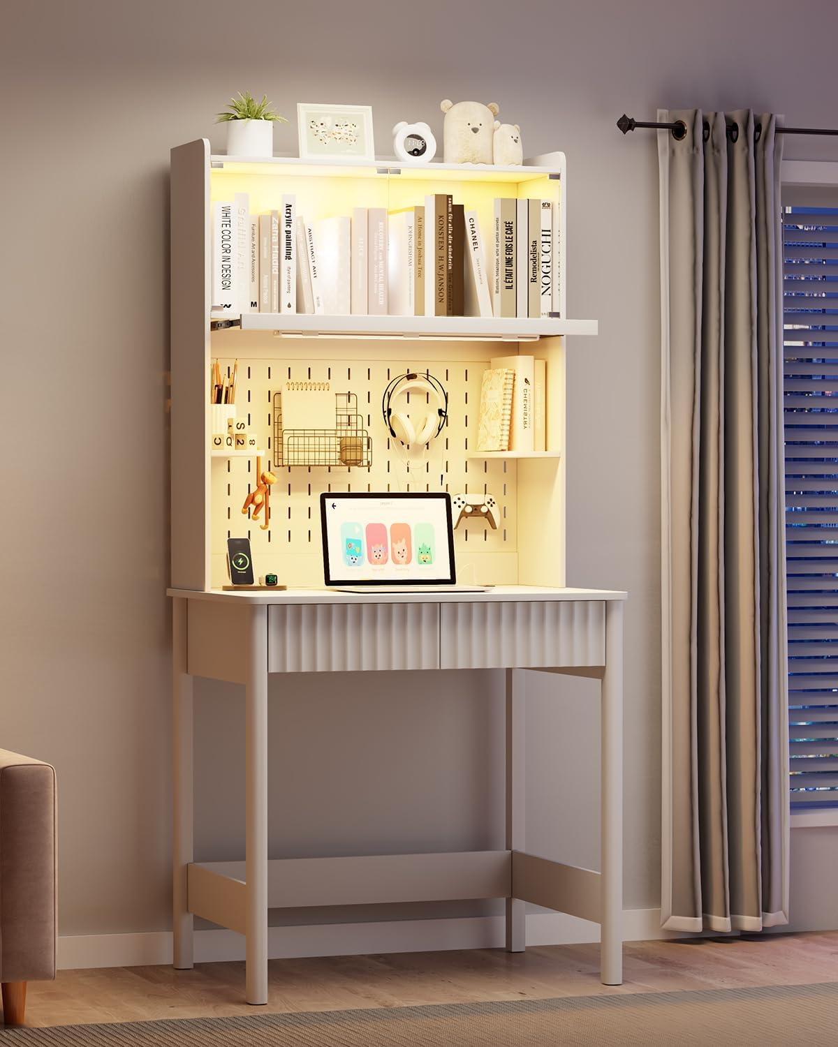 HNEBC White Computer Desk - with Power Outlets & Chariging Station,Small Writing Desk with Hutch and Drawers,66.3''H Office Desk with Pull-Out LED Lights,Pop-up Glass Door,Pegboards,Bedroom