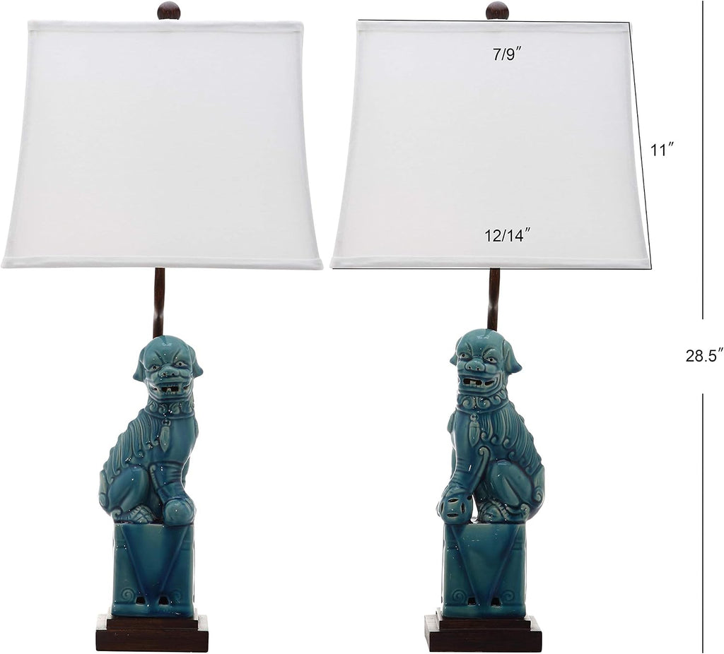 SAFAVIEH Lighting - Foo Dog 28.5' Blue Ceramic Table Lamp Set of 2 with White Shades, Traditional Chinoiserie Lighting for Bedroom, Living Room & Home Office, LED Bulbs Included (LIT4137A-SET2)