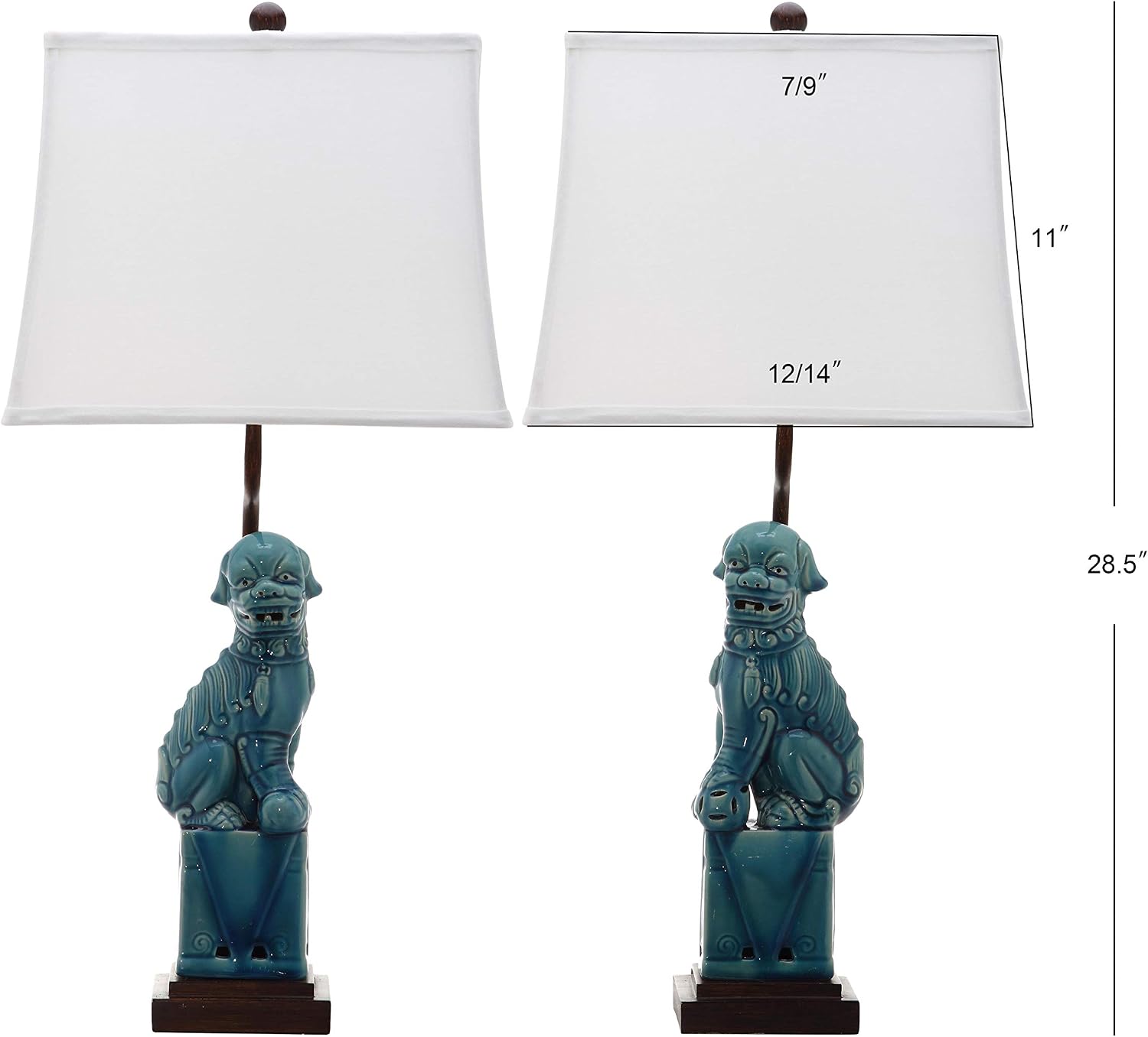 SAFAVIEH Lighting - Foo Dog 28.5' Blue Ceramic Table Lamp Set of 2 with White Shades, Traditional Chinoiserie Lighting for Bedroom, Living Room & Home Office, LED Bulbs Included (LIT4137A-SET2)