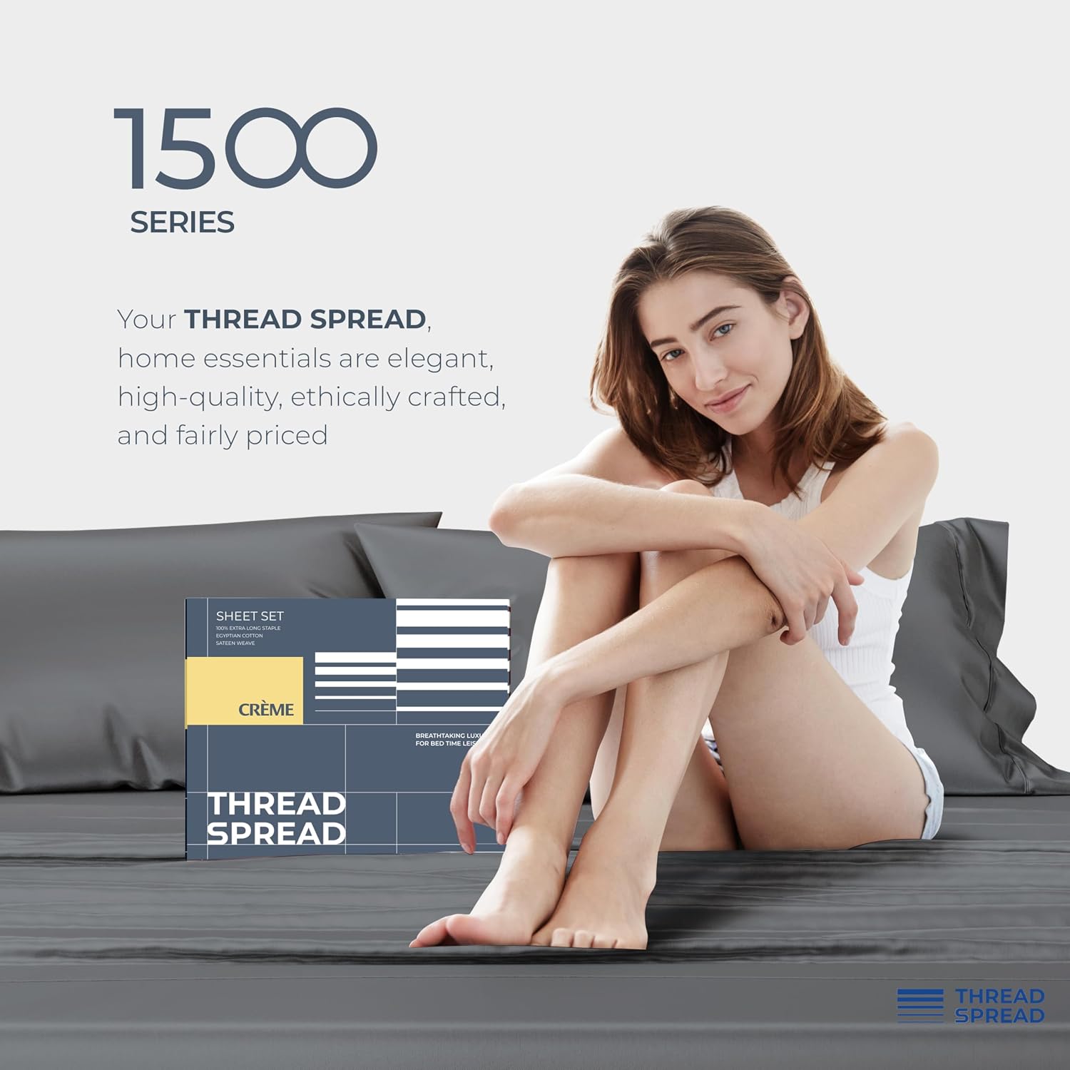 THREAD SPREAD 100% Egyptian Cotton Split King Sheets Sets for Adjustable Bed - 1500 Series Split Top King Sheets (5 PC, Dark Grey), Silky Soft, Sateen, Cooling & Breathable, 17' Deep Pocket Bed Set