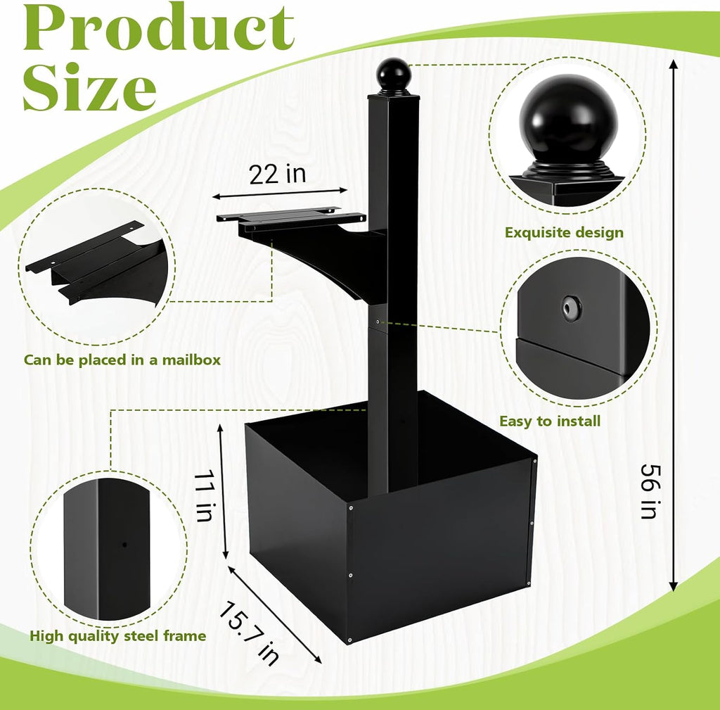Colingmill 1 Set Iron Mailbox Posts with Planter Box for Outside 56 Inch / 4.6 ft Tall Decorative Mount with Flower Box Heavy Duty Architectural Post(Black)