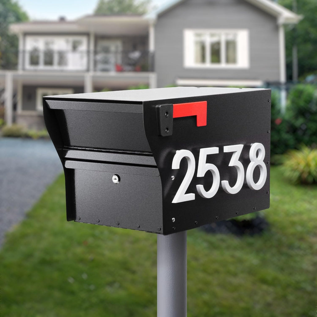 Whitehall MailVault Streetside Locking Mailbox, Personalize with Modern Stand-Off Address Numbers Package – Steel, Secure Weather Resistant Modern Square Mailbox (Black/White)
