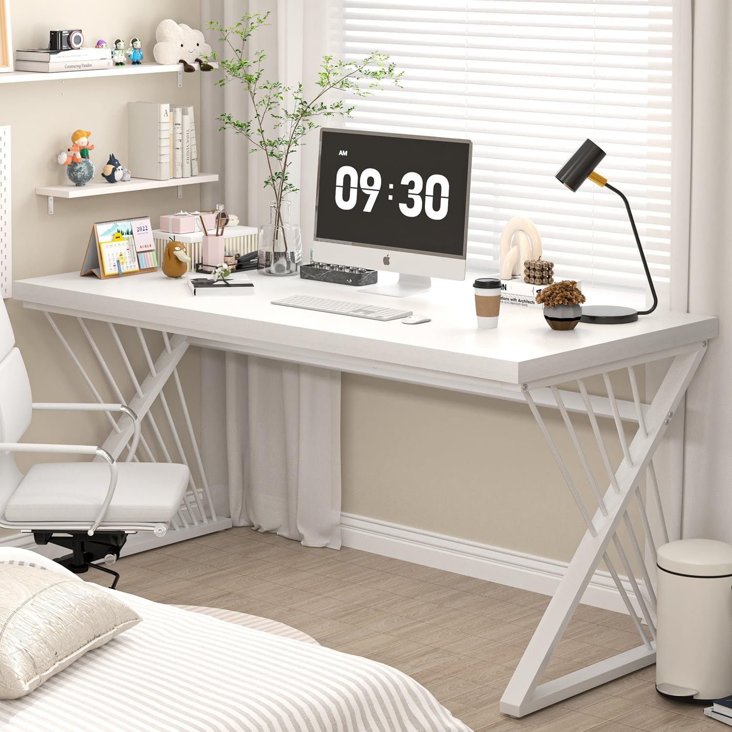 FOLUBAN Modern White Desk, Rustic Wood and Metal Computer Desk for Home Office, Simple Writing Work PC Desks for Bedroom, Industrial Study Gaming Table for Living Room, White, 53 Inch