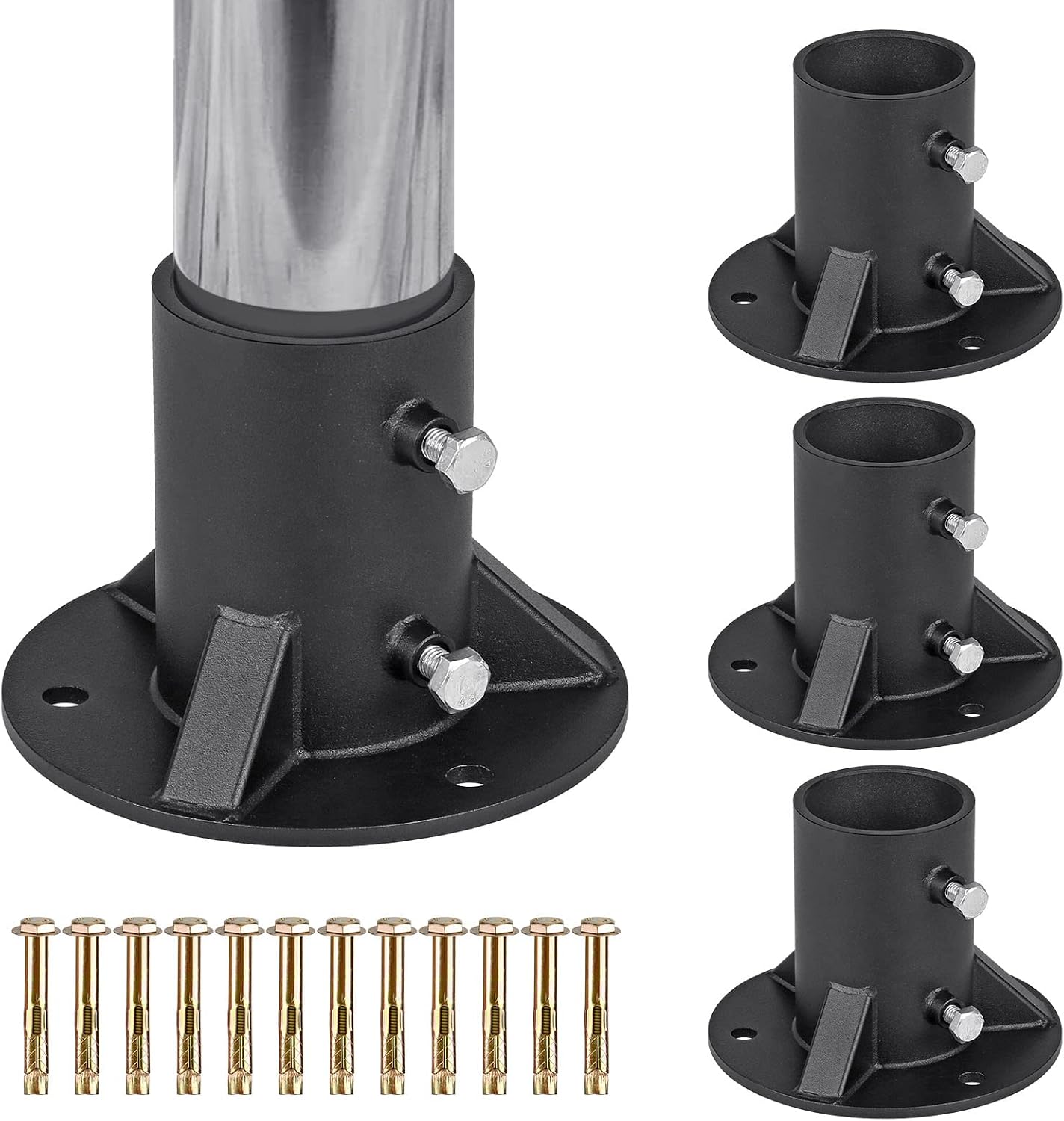 Insaga 2.5' Base Flange, Chain Link Fence Pole Floor Flange, Heavy Solid Fence Post Concrete Mount for Holding The Fence/Mailbox/Flag Round Post (OD 2-3/8''), Bolts/Side Screws are Included, 4Pcs
