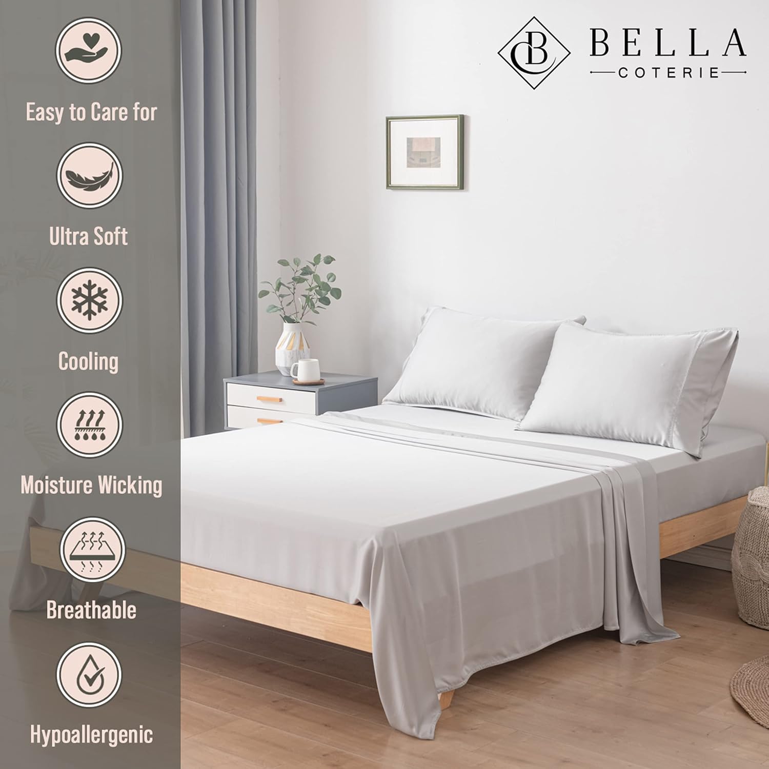 Bella Coterie Luxury Bamboo Viscose Queen Size Sheet Set | 100% Organically Grown | Ultra Soft | Cooling for Hot Sleepers | 18' Deep Pocket [Grey Mist]