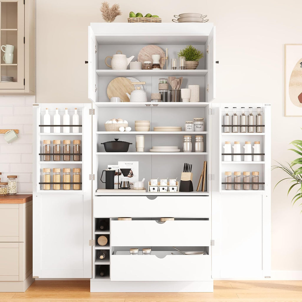 77'' Tall Freestanding Kitchen Pantry, 35''Lx17.7''W Wooden Kitchen Organizers Cupboard Storage Cabinet with Adjustable Shelves, Door Shelves, Drawers and Wine Racks (White-2.12)