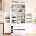 77'' Tall Freestanding Kitchen Pantry, 35''Lx17.7''W Wooden Kitchen Organizers Cupboard Storage Cabinet with Adjustable Shelves, Door Shelves, Drawers and Wine Racks (White-2.12)
