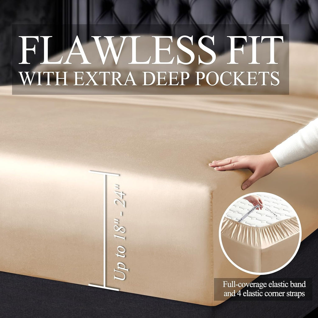 18-24 Inch Extra Deep Pocket California King Size Sheets Set, 100% Viscose Derived from Bamboo Sheets Cal King Size Bed Sheets, 4Pcs Soft Taupe Cooling Sheets for Hot Sleepers