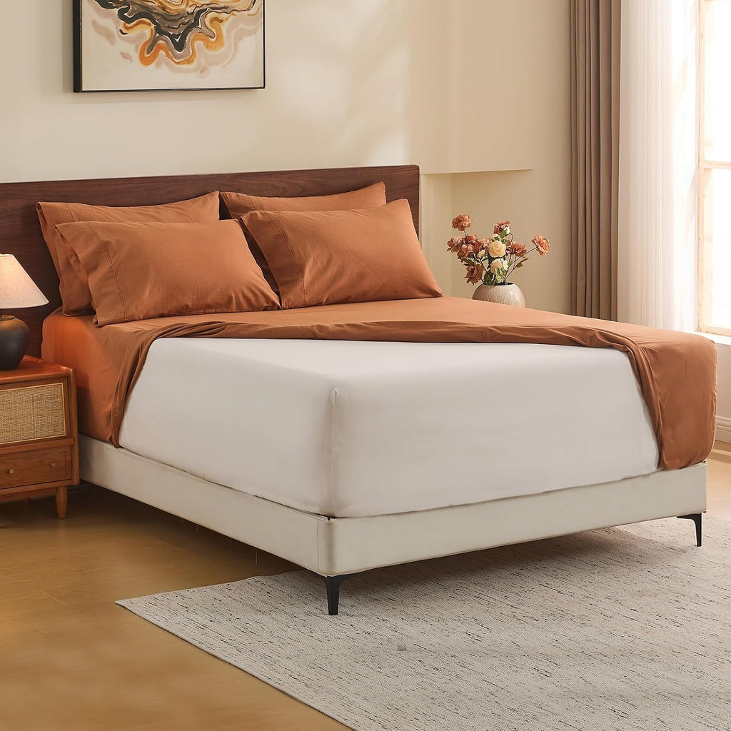 MEISHANG 100% French Pure Linen Sheets King Size - 6 PC Extra Deep Pocket Sheet Set, Soft Durable Flax Linen, Anti-Tear Breathable & Oeko-Tex Certified 18-24 Deep Pocket,All Season(Brown)