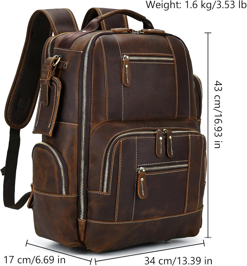 Vintage Full Grain Leather Backpack for Men, 16' Laptop Rucksack For Men Hiking Trave Work Business Bag, 9517 Brown