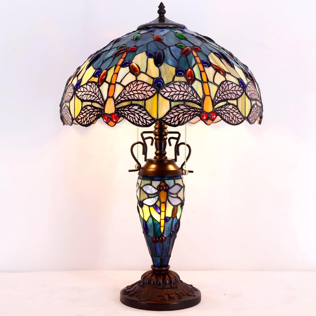 WERFACTORY Tiffany Table Lamp Sea Blue Yellow Stained Glass Dragonfly Mather-Daughter Vase Table Lamp 16X16X24 Inches Desk Light Decor Bedroom Living Room Home Office S128 Series