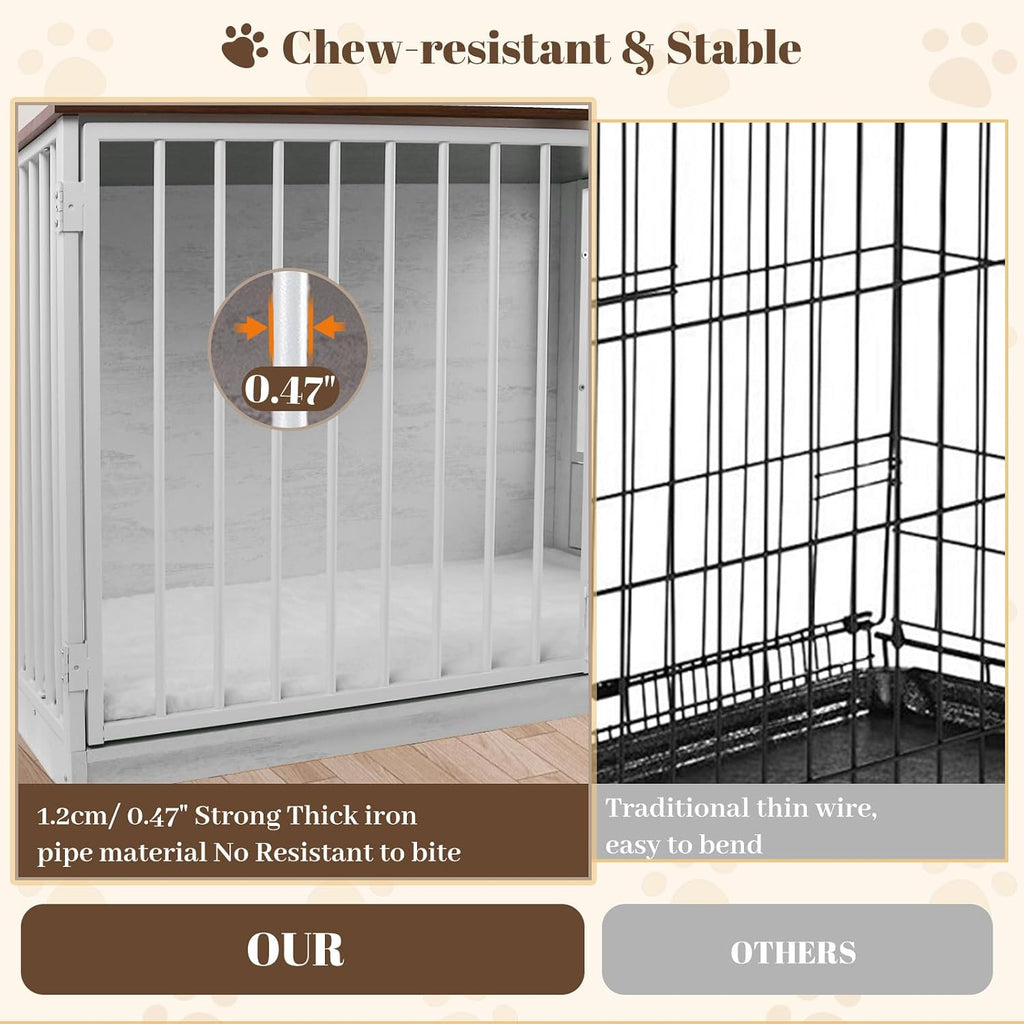 TBWIND Dog Crate Furniture for Large Dogs, 36' Indoor Wooden Dog Kennel with 270° Swivel Door & 360° Rotating Feeder, Decorative Heavy Duty Dog House with Double Locks & Bowls, White