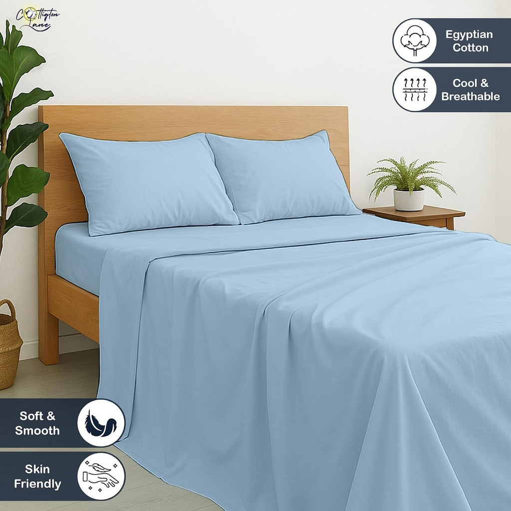 Cottington Lane Premium Quality 100% Egyptian Cotton 8 Piece Full Size Bed Sheet Set Fits 12 inch Deep Pocket Mattress, Naturally Cool, Soft & Durable Luxury Bedding, Sky Blue Solid