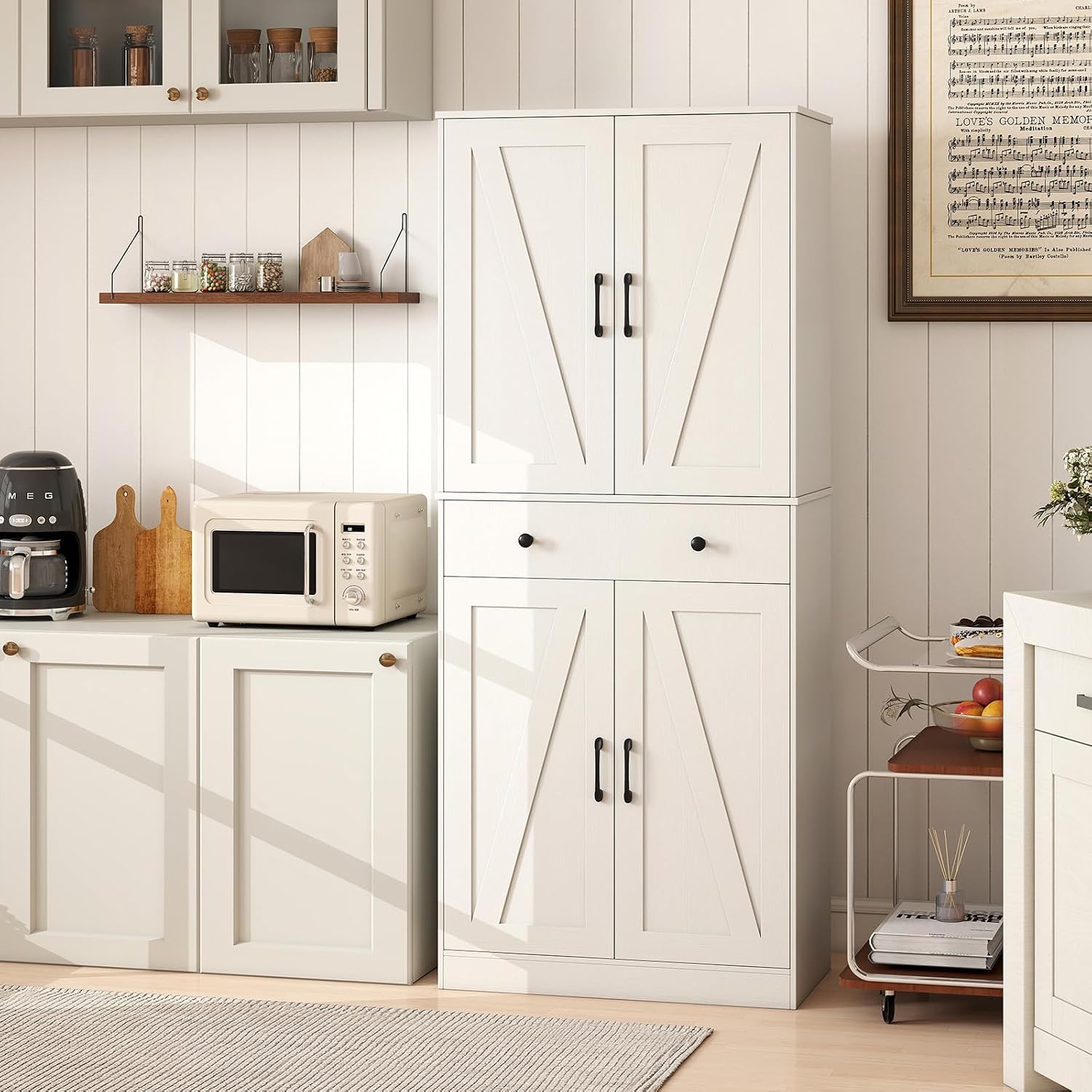 Giantex 72' Tall Kitchen Pantry Cabinet, Modern Farmhouse Pantry Storage Cabinet with 4 Barn Doors, Adjustable Shelves & Drawer, Buffet Cupboard with Living Room, Dining Room, Bathroom, White