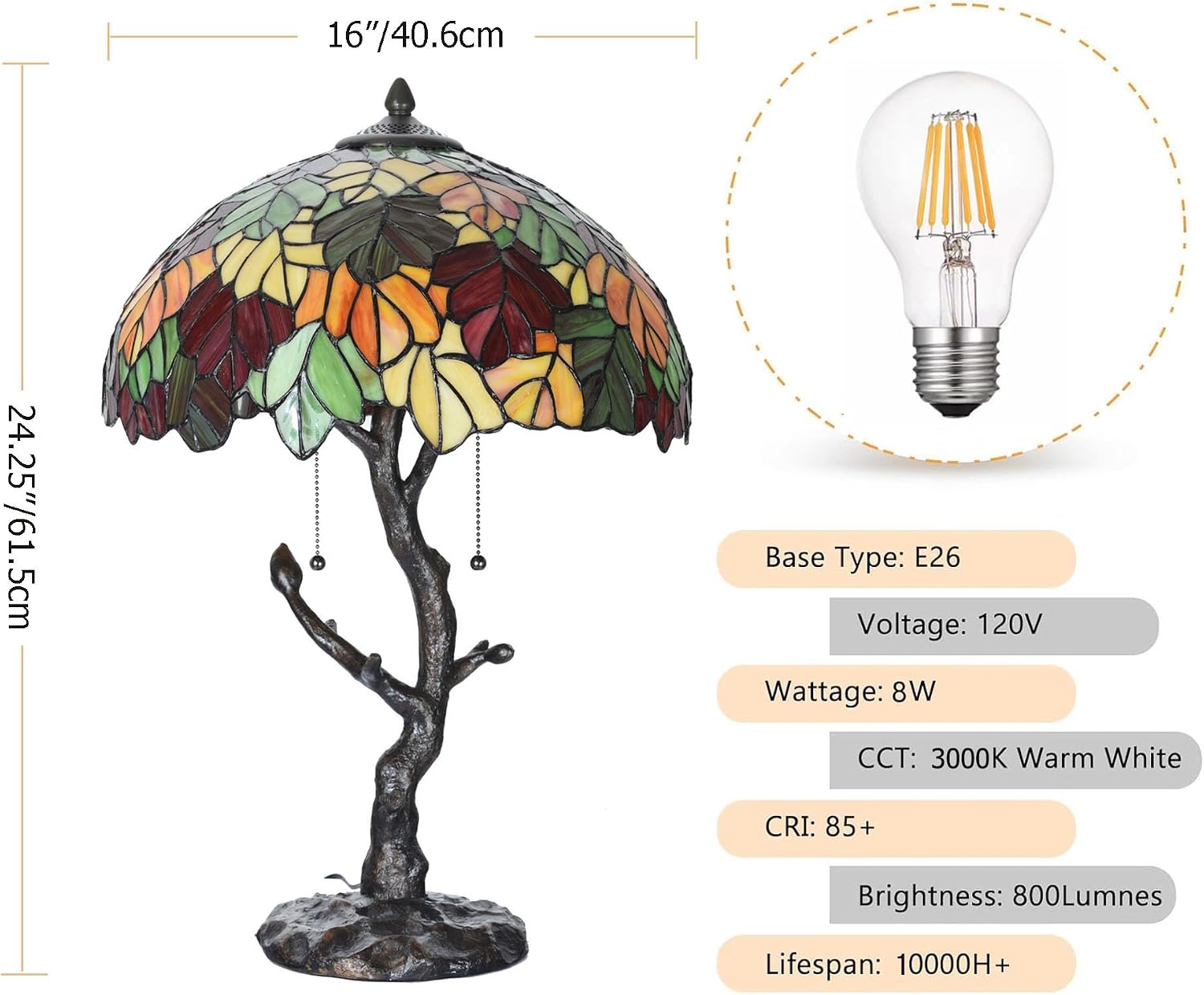 TL0032 Maple Leaves Tiffany Table Lamp Bedside Stained Glass Shade Reading Desk Light 16 x 24.25 Inches for Bedroom Living Room Home Office, LED Bulbs Included
