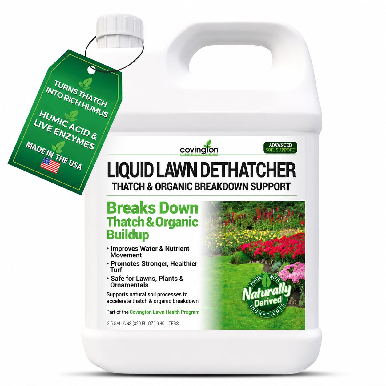 Covington Liquid Lawn Dethatcher (2.5 Gal) – Liquid Aerator Concentrate & Humic Thatch Remover, Soil Softener & Grass Thatch Buster for Lawns & Gardens – Kids & Pet Safe, Made in USA