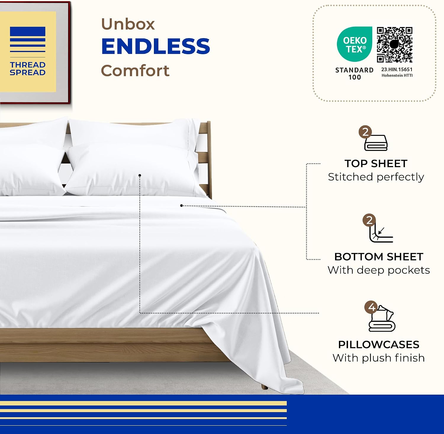 THREAD SPREAD Queen Sheet Set, Luxury 1000 Series Paradise Collection 100% Egyptian Cotton Bed Sheets Queen Size (Pack of 2, White), Silky Soft, Cooling, 16' Deep Pocket Hotel Sheet Set