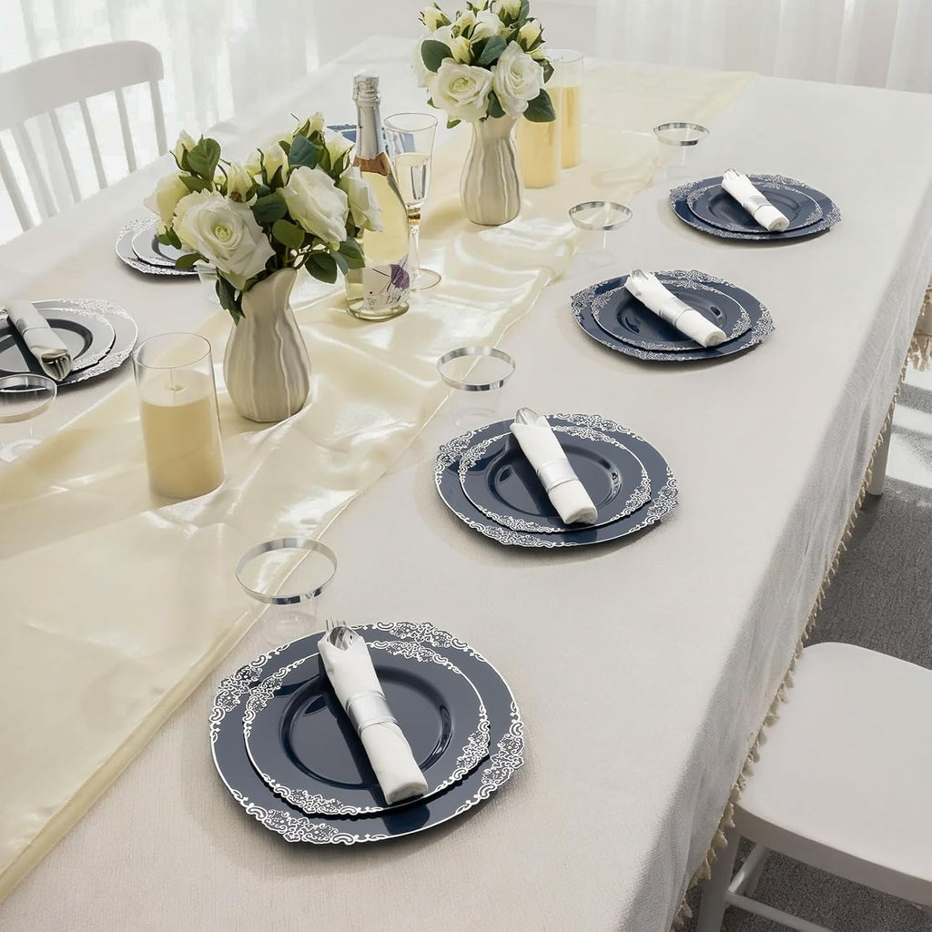 Bestluck 700PCS Navy Blue Plates for 100 Guests, Disposable Dinnerware Sets Include 100 Plastic Plates, 100 Silverwares, 100 Cups, and 100 Pre Rolled Napkins for Party, Wedding and Graduation