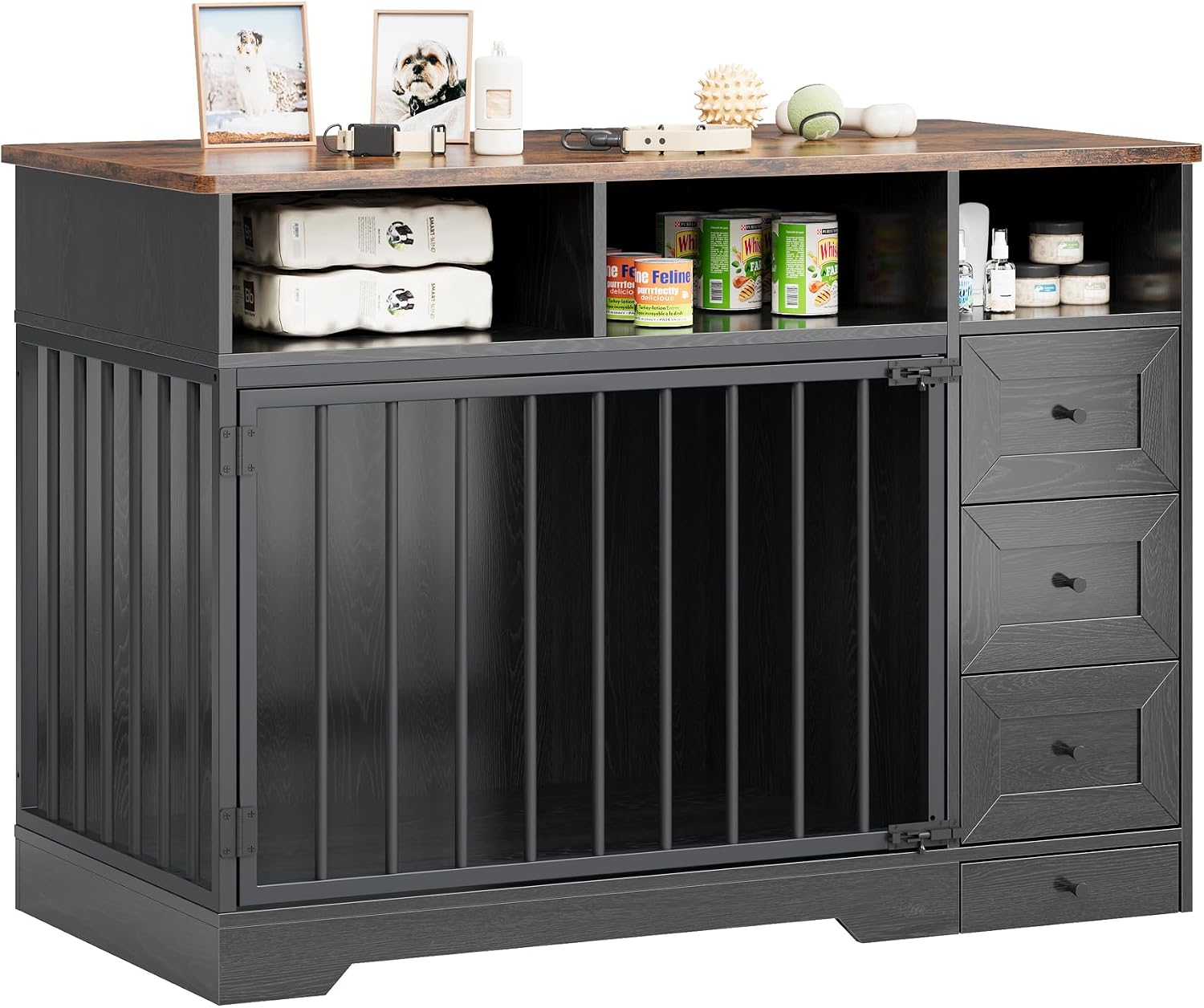 GarveeLife 48'' Dog Crate Furniture, Farmhouse Heavy Duty Dog Kennel with Bowl & Storage Drawers, Medium Dog Cage End Table for Small Medium Dogs, Black