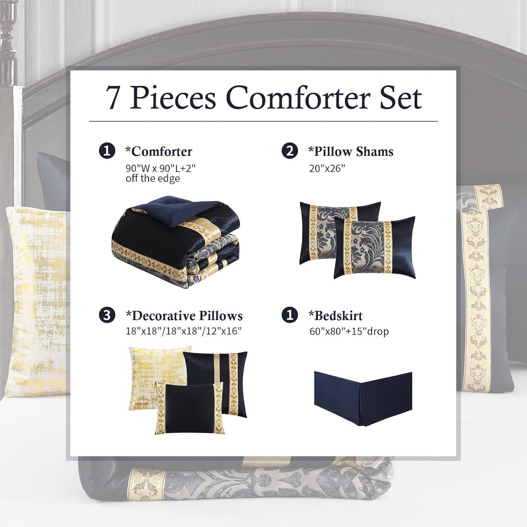 Finlonte Queen Size Comforter Set, Navy Blue Gold, 7 Piece Bed in a Bag for All Seasons, Luxury Vintage Floral Jacquard Damask Paisley Patchwork, Bedding Sets with Bedskirt, Shams and Decor Pillows