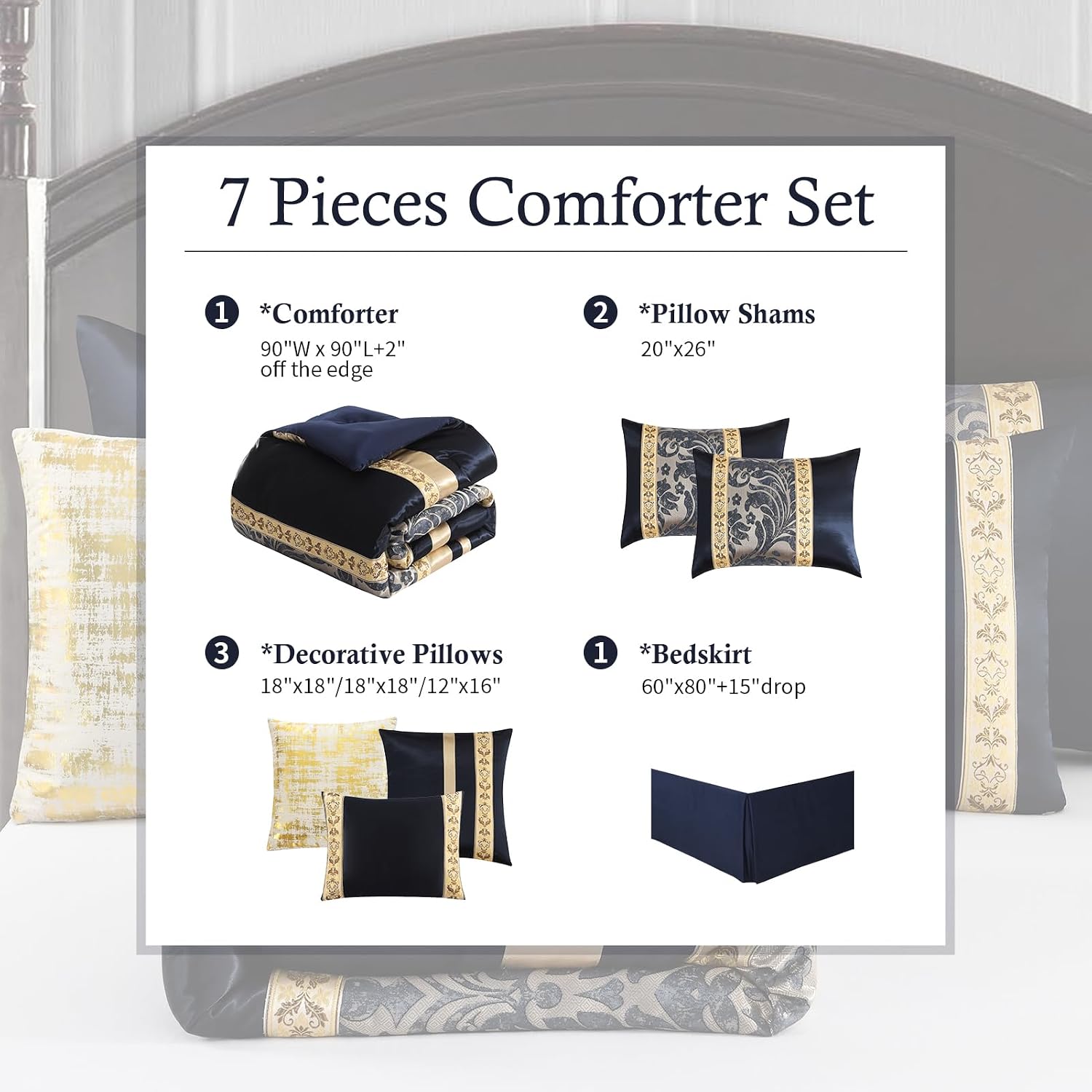 Finlonte Queen Size Comforter Set, Navy Blue Gold, 7 Piece Bed in a Bag for All Seasons, Luxury Vintage Floral Jacquard Damask Paisley Patchwork, Bedding Sets with Bedskirt, Shams and Decor Pillows