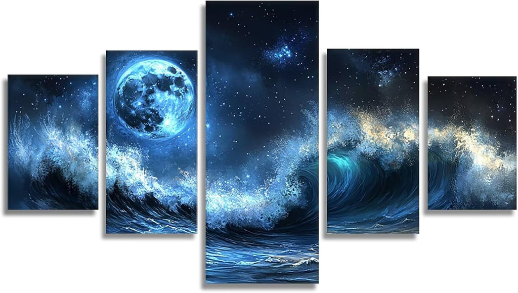 Starry Sky Diamond Art 5 Piece Diamond Painting Waves 5D DIY Full Square Drill Dimond Art Paintings Crystal Crafts for Adults Gem Painting for Home Decor, Large Artwork for Wall 36 x 70 Inch, Model468