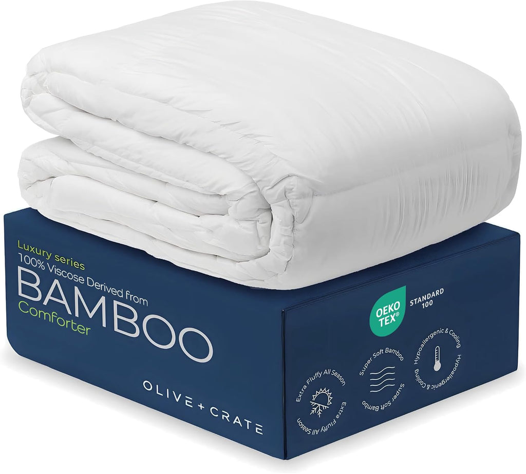 Olive + Crate Cooling Down Alternative Comforter - Hypoallergenic King Size Duvet Insert Lightweight - All Seasons Plush Design Bamboo Comforter - 100% Bamboo Viscose Outer Cover - White 102'x90'