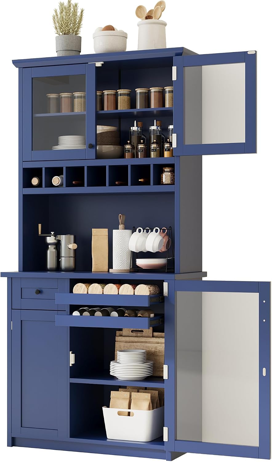 Modern 74.8 inch Tall Kitchen Pantry, Freestanding Buffet with Hutch, Kitchen Pantry Storage Cabinet with Wine Rack and Adjustable Shelves for Dining Room (Blue//1)