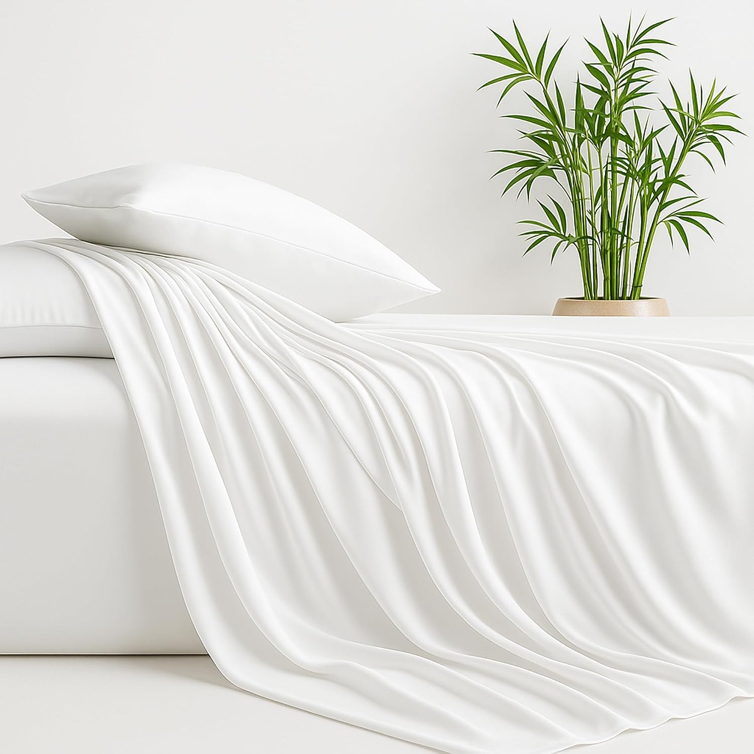 BedVoyage Cooling Sheets Queen – Viscose from Bamboo, Sheet Set for Hot Sleepers, 18' Deep Pocket, Soft Breathable Bedding, White