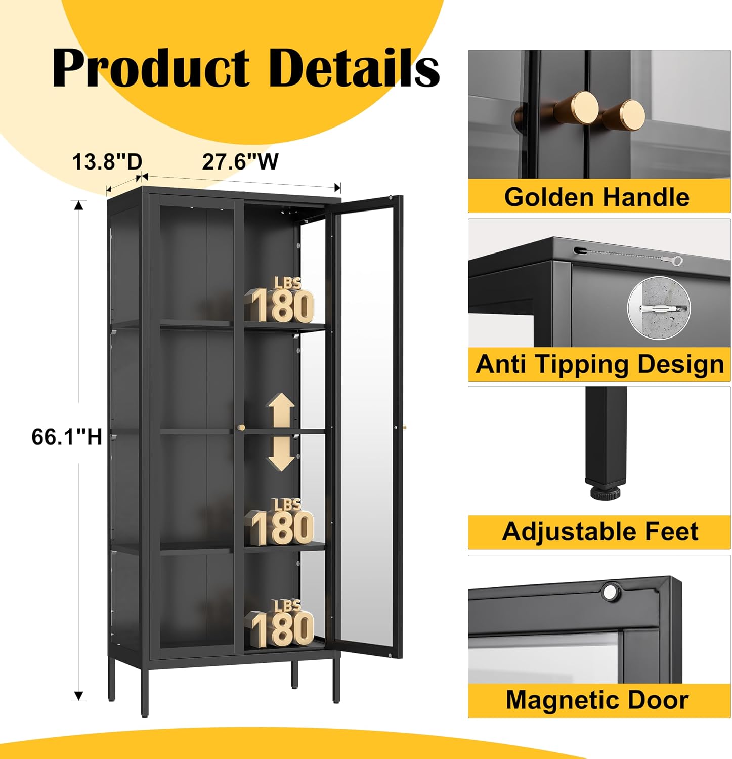 SteeLoong 66' Display Cabinet with Tempered Glass,Metal Curio Cabinet with Glass Doors,4-Tier Display Case for Collectibles,Trophy,Plant,Black Storage Cabinets for Living Room - Assemble Required