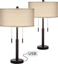 Franklin Iron Works Bernie Industrial Nightstand Table Lamp 25' High Set of 2 with Hotel Style USB Charging Port Rich Bronze Metal Fabric Drum Shade for Living Room Desk Bedroom House Bedside Home