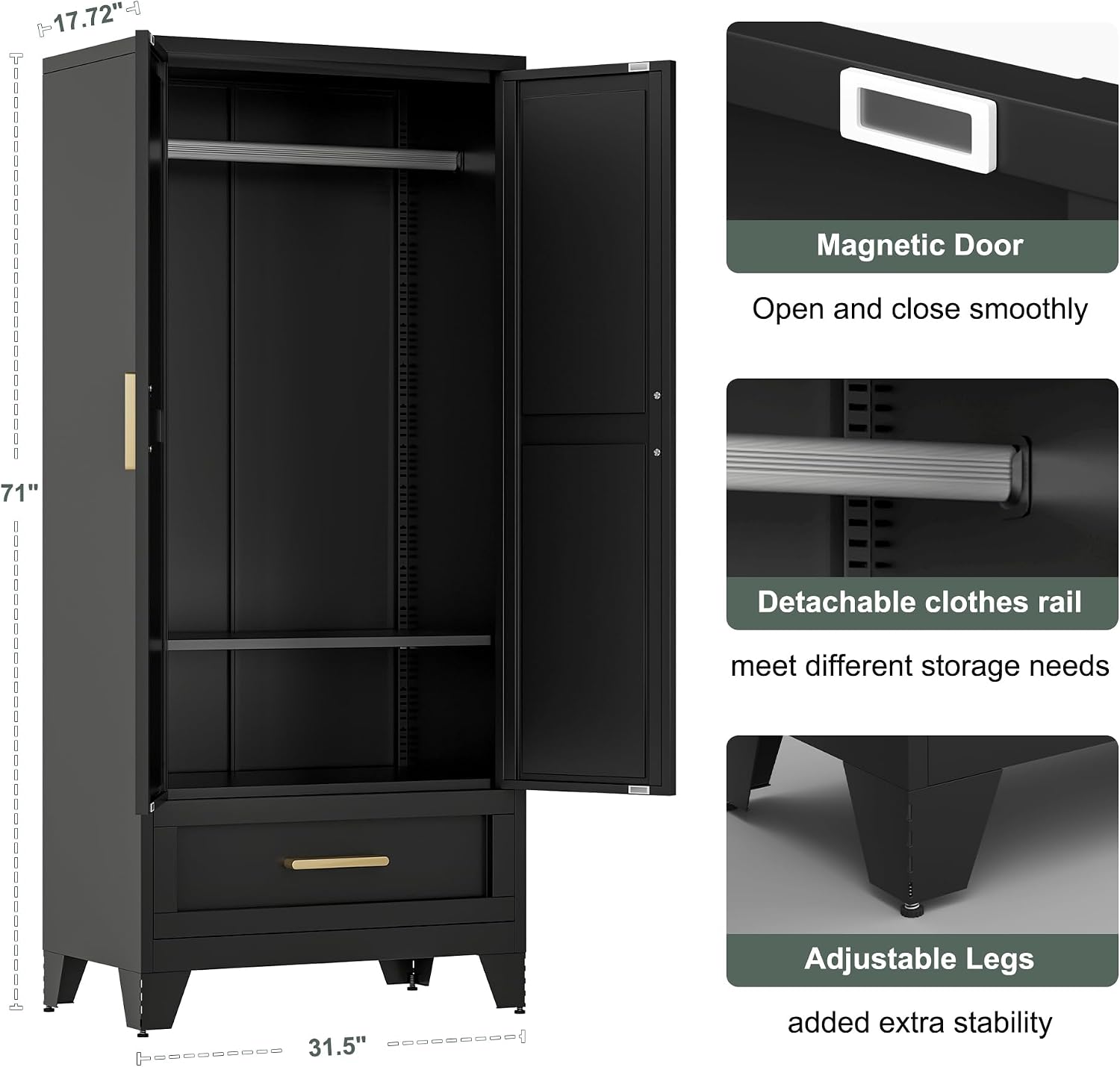 Washsemba 71'' Farmhouse Metal Wardrobe Cabinet with Hanging Rod, 2 Barn Door Wardrobe Closet with Adjustable Shelves,Drawer,for Dining Room,Bedroom,Living Room, Cloak Room,Office (Black)