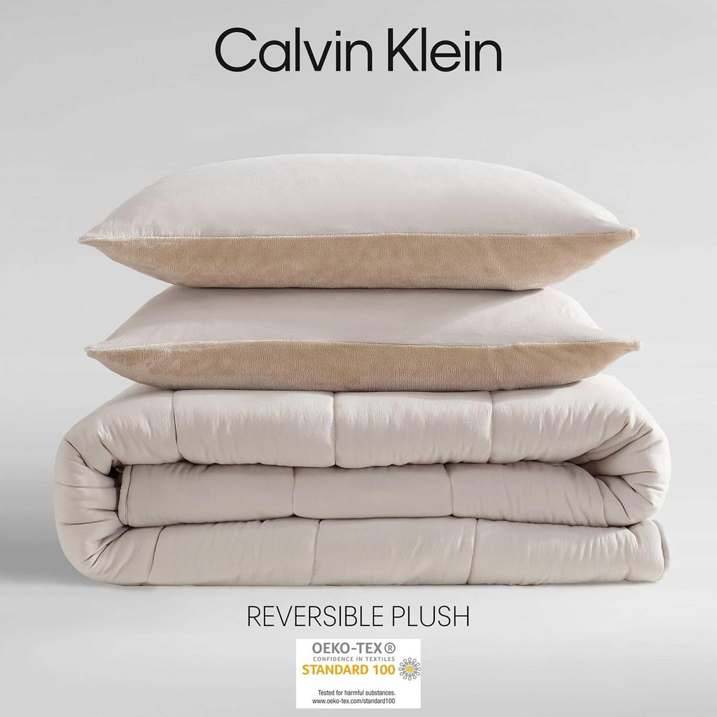 Calvin Klein - Queen Bonus Comforter Set, Reversible Bedding with Matching Bed Sheets, Pillowcases & Shams, Oeko-Tex Certified (Beige)