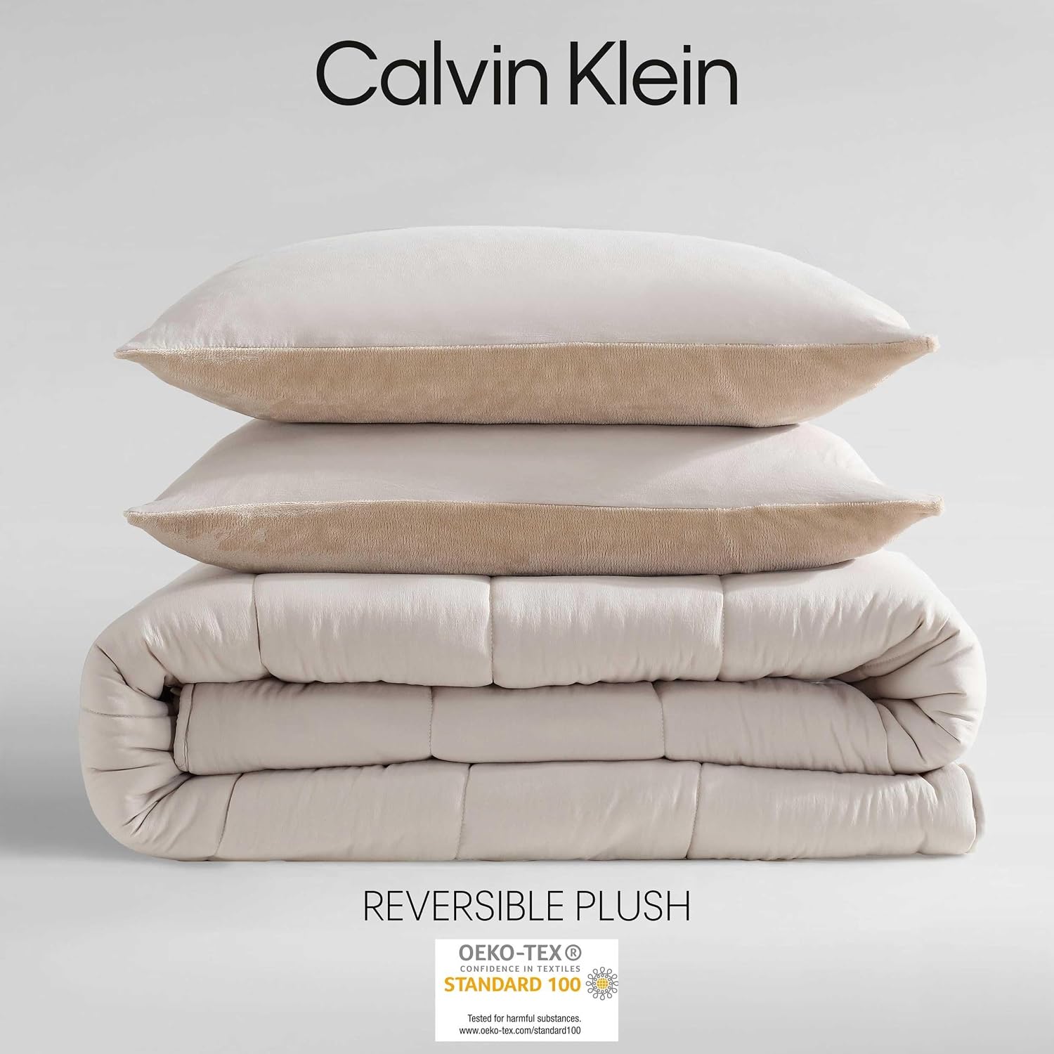Calvin Klein - Queen Bonus Comforter Set, Reversible Bedding with Matching Bed Sheets, Pillowcases & Shams, Oeko-Tex Certified (Beige)