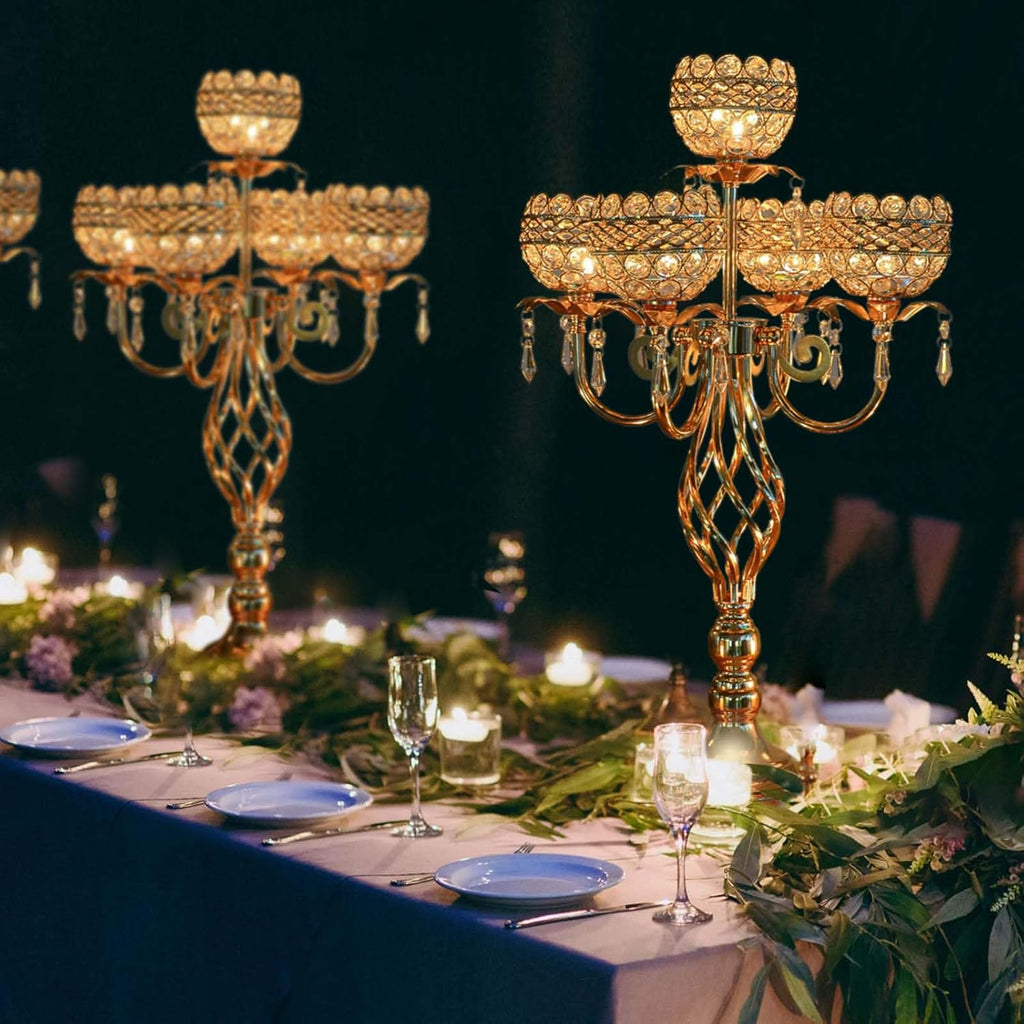 Elegant 5-Head Candelabra Centerpiece with Crystal Pendants - 23 Inch Tall Table Centerpiece for Weddings, Parties, Home Decor for Mother's Day, Holidays & Special Occasions (4, Gold)