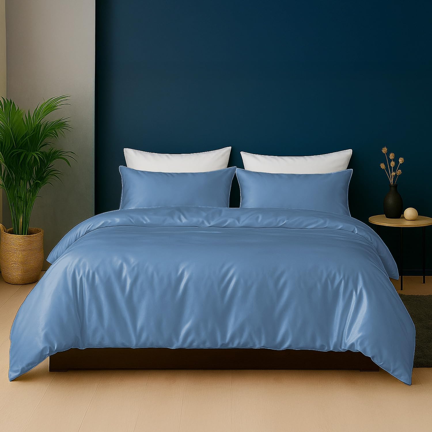 Linenwalas Duvet Cover Set Oversized King Size - Viscose Derived from Bamboo Soft, Breathable, Light Weight, Cooling Comforter Cover with Zipper Closure and Corner Ties (Oversized King, Bahamas Blue)