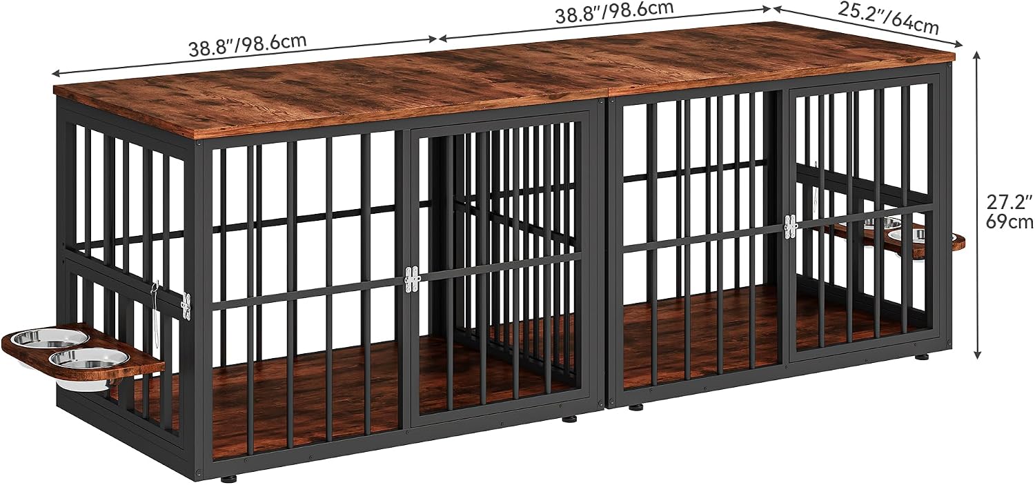 YITAHOME 77.6' Large Corner Dog Crate Furniture for 2 Dogs, Steel Frame Cage with Double Doors & Bowls & 3 Doors, Double Dog Crate Furniture TV Stand for Medium Large Dogs, Brown