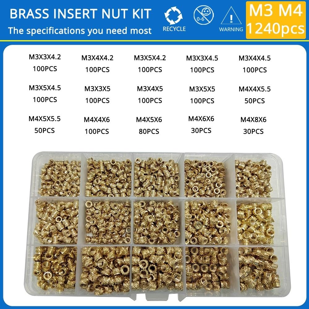 1set Threaded Inserts M2 M2.5 M3 M4 M5 M6 Heat Set Insert Nut Brass Hot Melt Knurled Double Twill Embedment Copper Nut Assortment Kit(M3 M4(1240PCS))