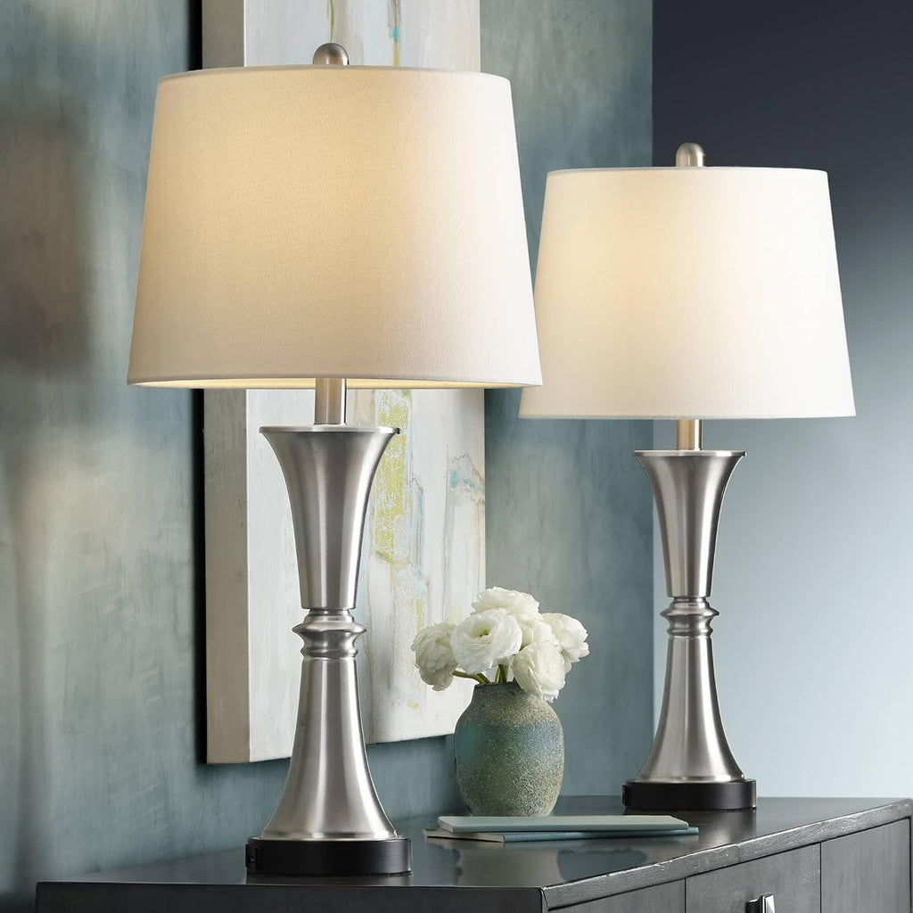 360 Lighting Seymore Modern Table Lamps 26' Tall Set of 2 with USB Charging Port Silver LED Touch On Off White Drum Shade for Bedroom Living Room House Home Desk Bedside Nightstand Office