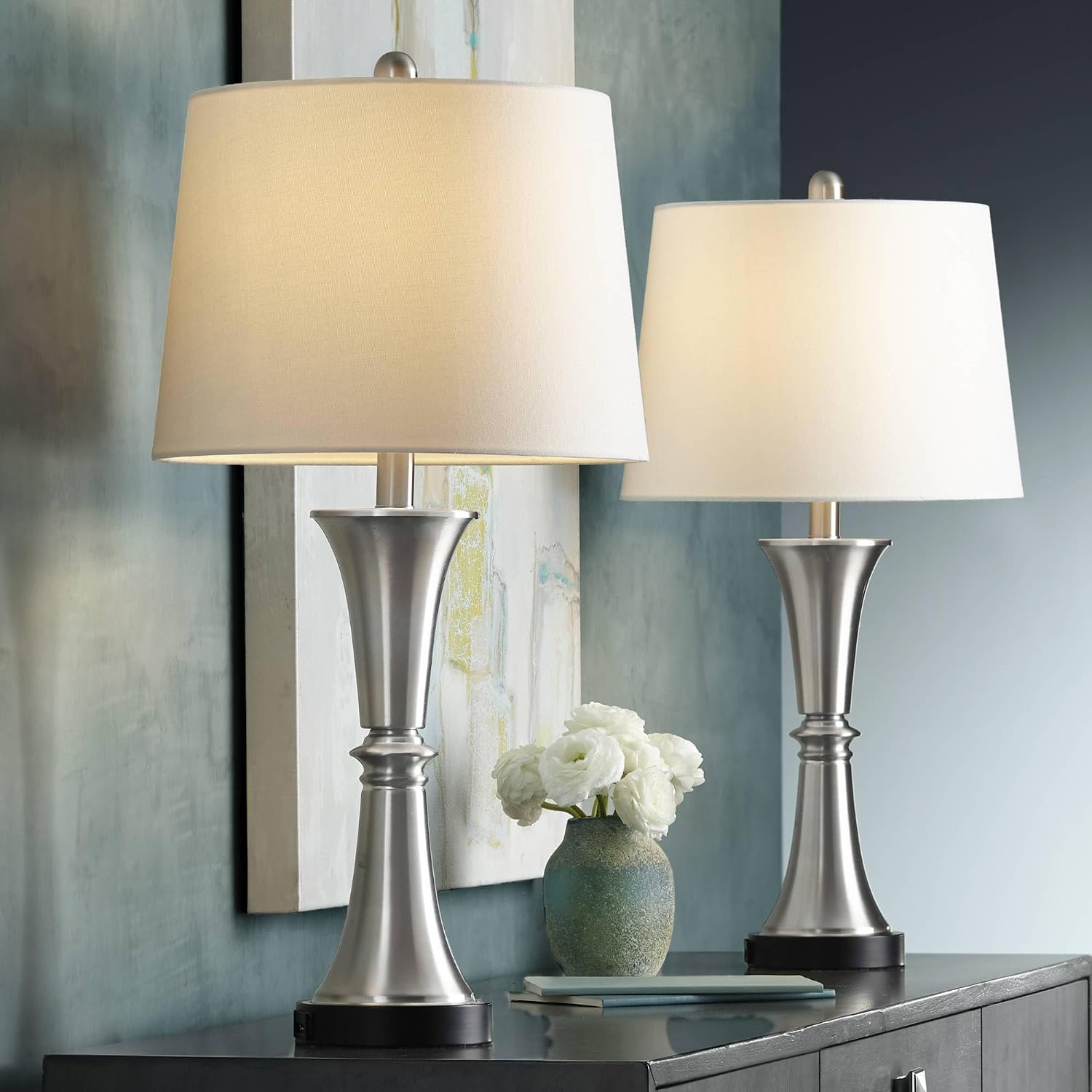 360 Lighting Seymore Modern Table Lamps 26' Tall Set of 2 with USB Charging Port Silver LED Touch On Off White Drum Shade for Bedroom Living Room House Home Desk Bedside Nightstand Office